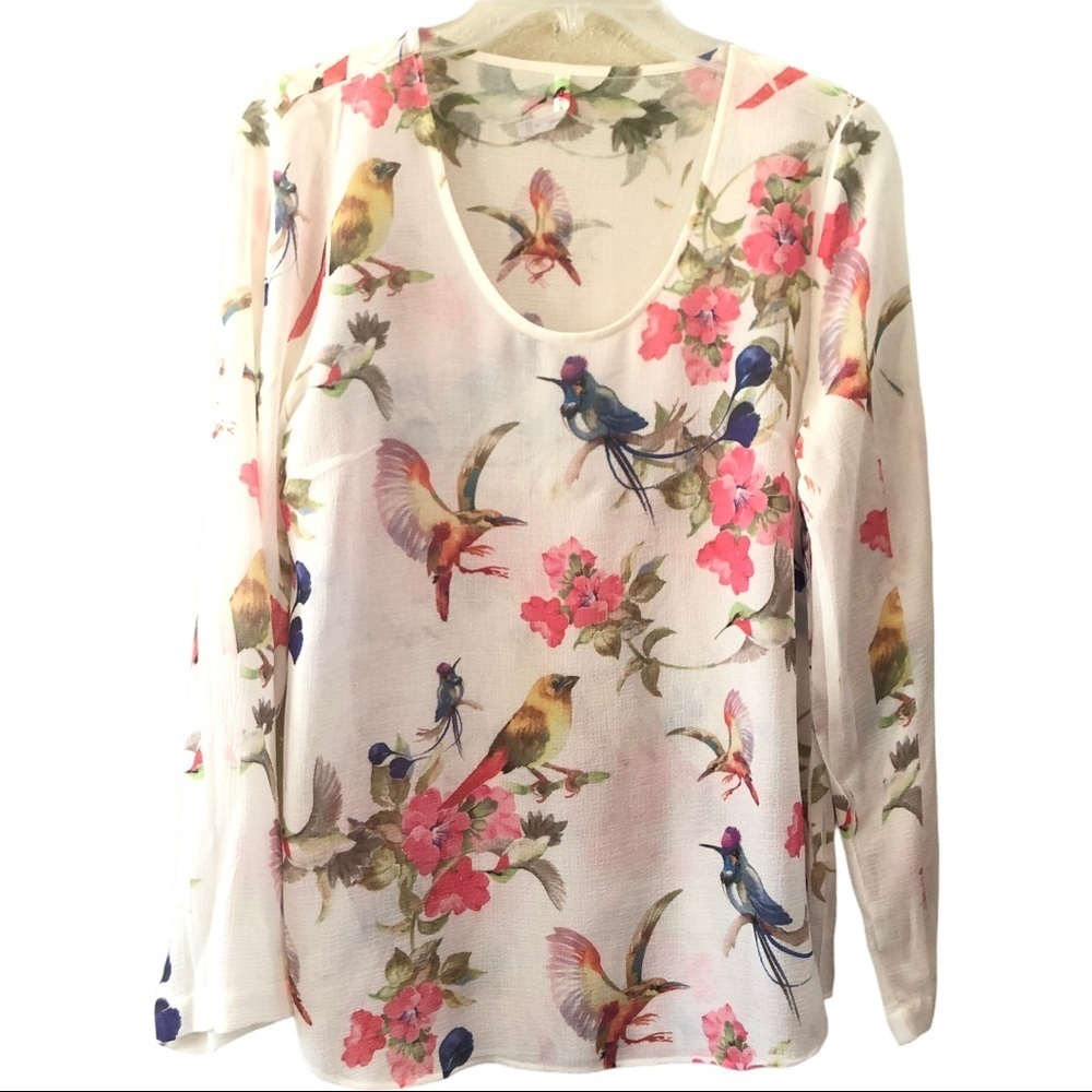 DNA Couture Sheer white blouse w/ Beautiful Bird S